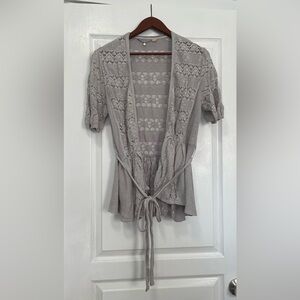 Knitted & Knotted Grey Loose-knit Short Sleeve Wrap Cardigan